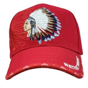 VTG Embroidered Indian Head Native Pride Red Adjustable Strap Back Baseball Cap